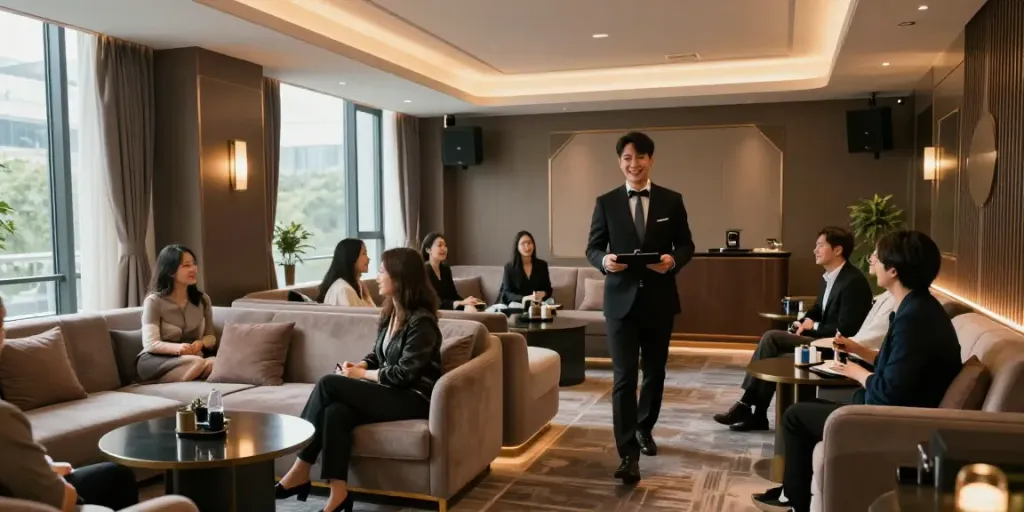 강남 타이밍의 고급 쩜오 내부, 우아한 디자인의 방과 따뜻한 조명으로 아늑한 분위기 연출