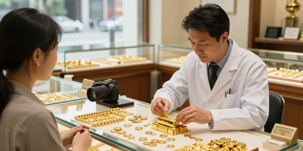 Expert évaluant le cours de l'or dans une bijouterie, ambiance chaleureuse.