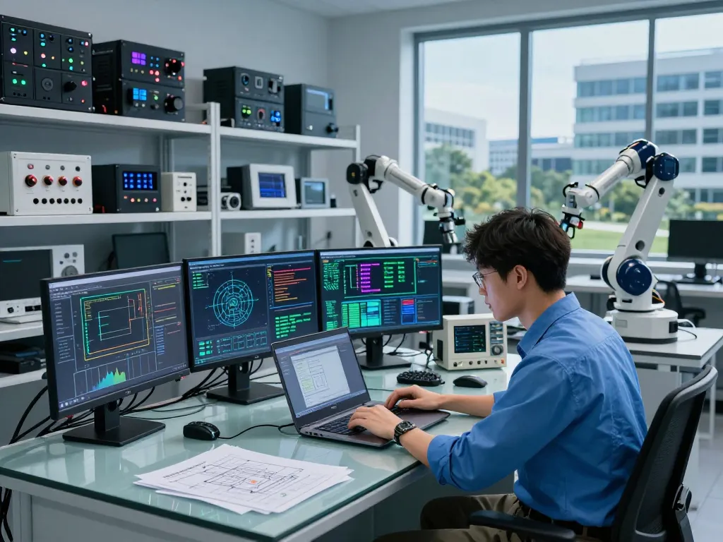Engineer at Hải Phòng Tech programming automation sensors in a high-tech lab.