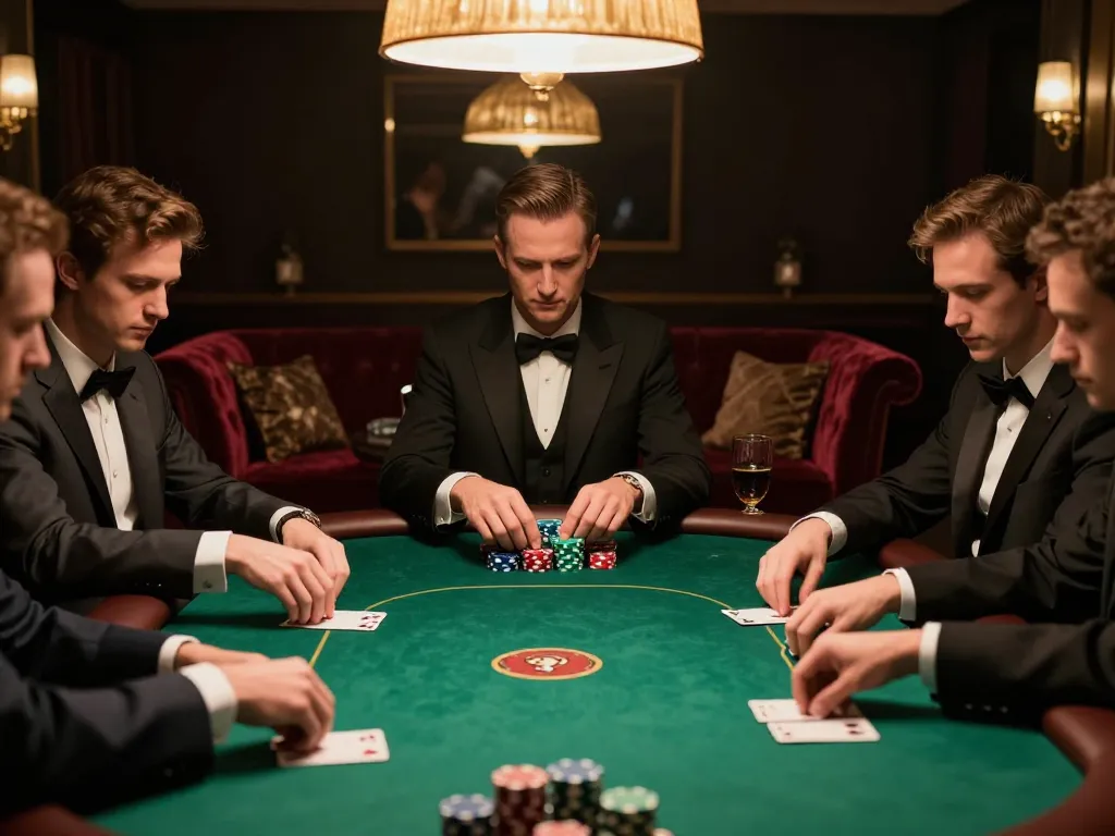 Intense poker game at nhà cái 388bet with players focused on their hands and luxurious setup.