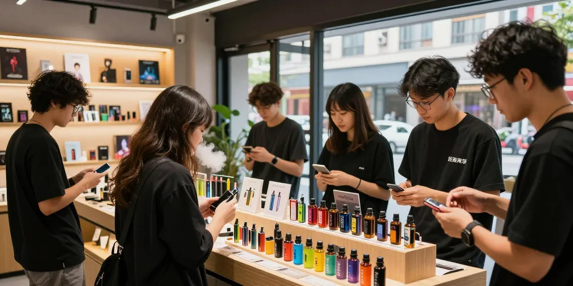 The vibrant 蒸氣天堂 vape shop showcasing diverse products with friendly staff in a lively atmosphere.