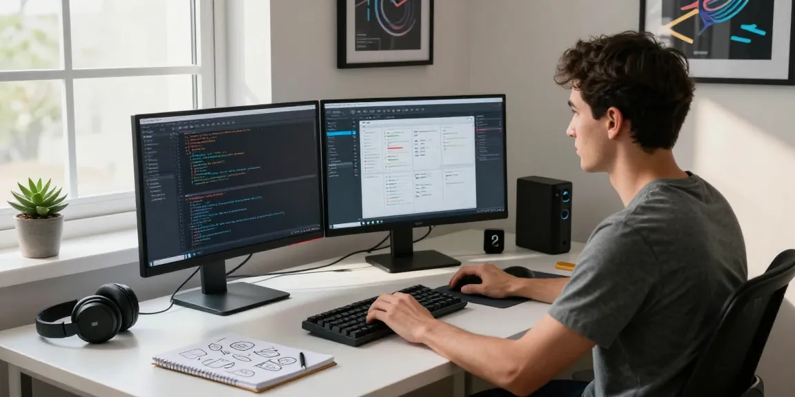 OpenClaw developer at a modern workspace with coding setup and tech gadgets, showcasing innovation and productivity.