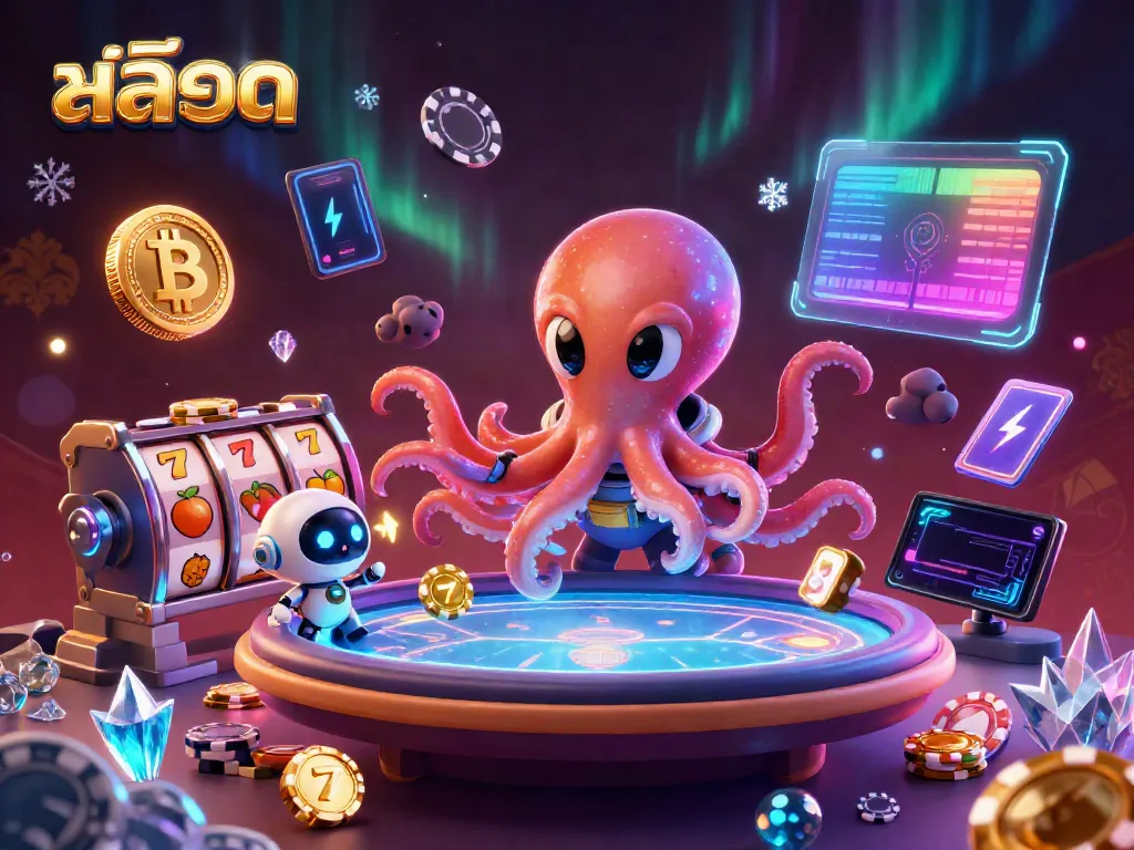 Experience thrilling สล็อต gameplay with an alien octopus managing a holographic poker table, vibrant cosmic backdrop.