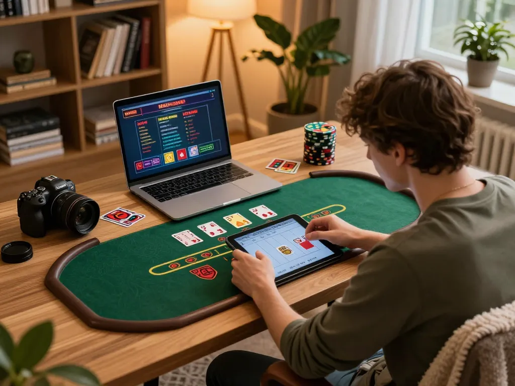 Engaging online blackjack gameplay on f8betz, showcasing strategic focus in a cozy home setting.
