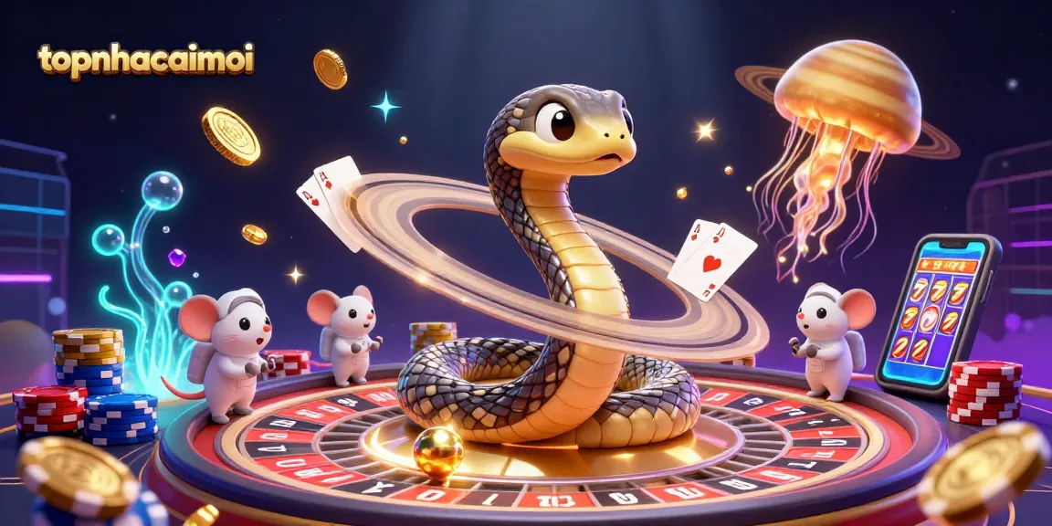 Engage with topnhacaimoi's vibrant cosmic casino scene featuring a Saturn ring snake as a roulette wheel.