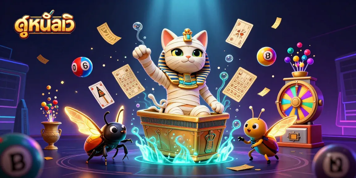 Play lucky games with the ดูหนังออนไลน์ mummy cat in an exciting casino scene, showcasing vibrant lottery balls and prizes.