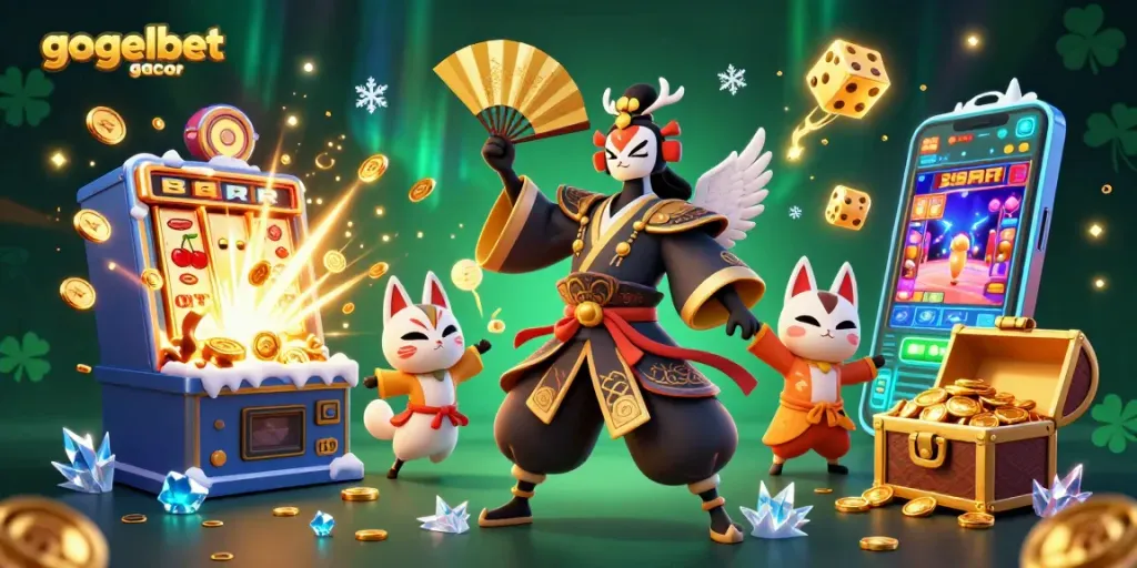 Menggambarkan gogelbet gacor dengan para karakter menari di mesin slot 3D yang melimpah.