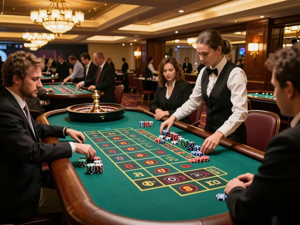 Engaged players at Onbet's roulette table, showcasing excitement and strategy in a luxury casino.