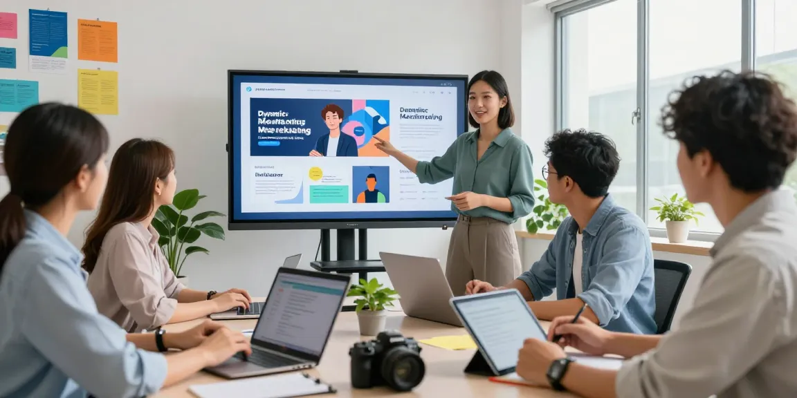 Ready-made ad campaigns showcased in a vibrant digital marketing workspace during a team strategy meeting.