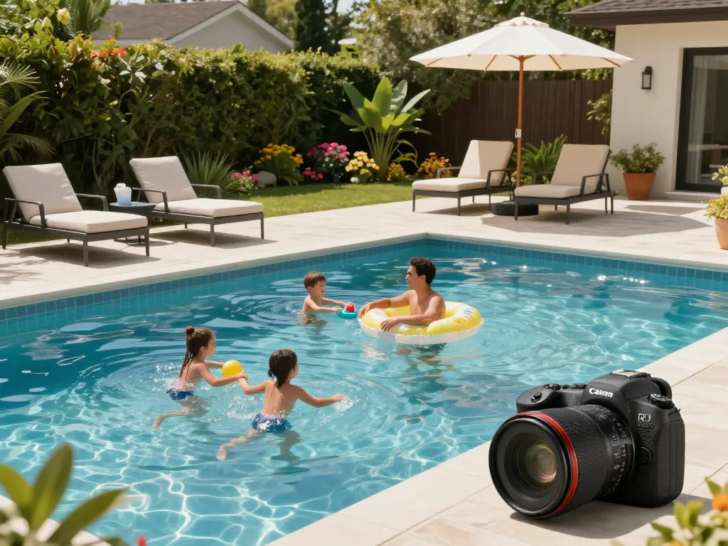 Dolphin Pool Services featuring a joyful family enjoying their clean pool on a sunny day.