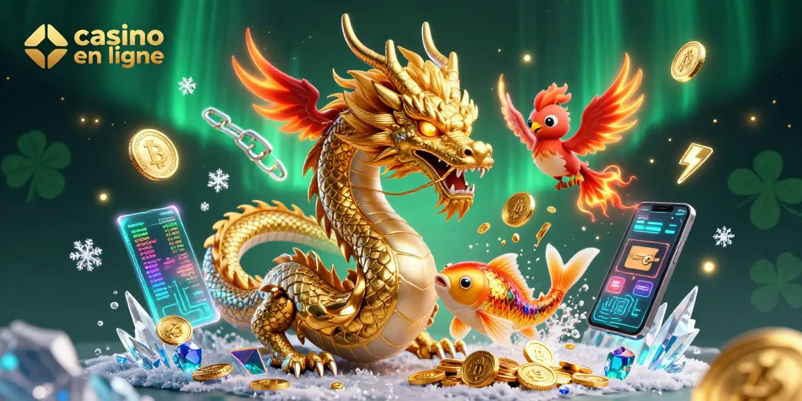 Promotion d'un casino en ligne avec un dragon chinois et un poisson doré au cœur des jeux d'argent.