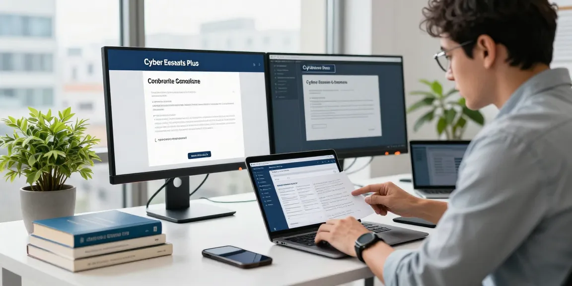 Consultant analyzing Cyber Essentials Plus certification requirements in a modern cybersecurity office