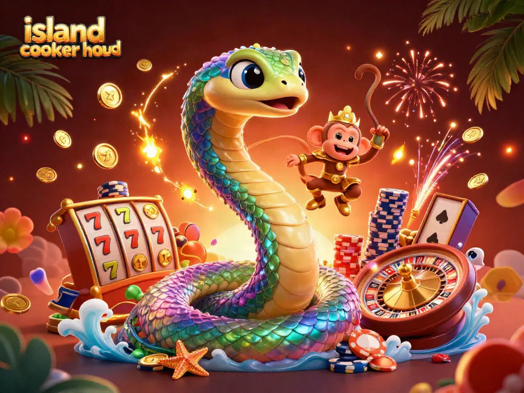 Experience the excitement of winning with the island cooker hood-themed casino scene filled with vibrant characters.