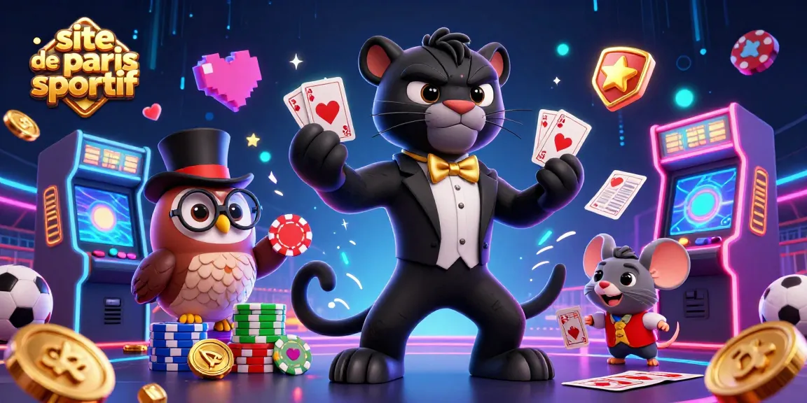 Image dynamique illustrant le site de paris sportif avec des personnages ludiques et des éléments de jeu captivants.