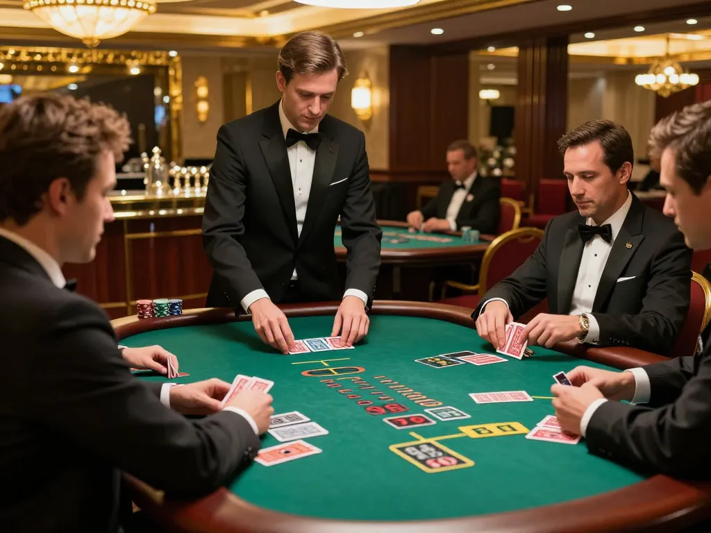 Players strategizing at a premium blackjack table in the casino FC88, showcasing a luxurious gambling environment