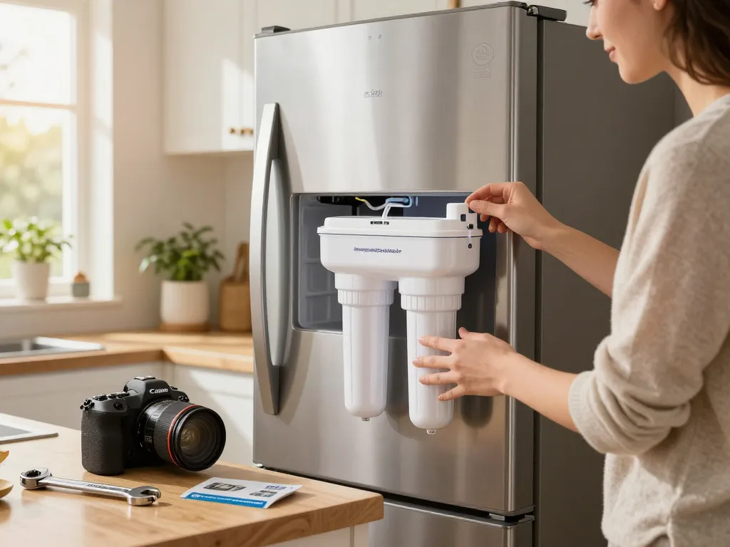 Installing the Waterspecialist DA29-00003G Refrigerator Water Filter in a modern kitchen.
