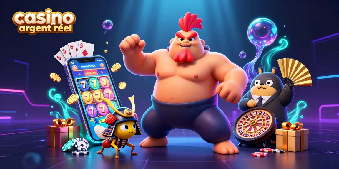 Scène captivante de casino en ligne argent réel avec un coq sumo, un criquet samouraï et un tanuki au milieu d'éléments de jeu vibrants.
