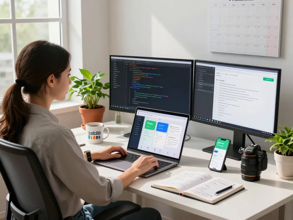 OpenClawd user engaging with AI on a modern workspace setup, displaying tech integration.