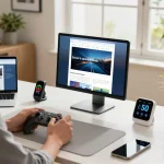 Smart tech gadgets showcased in an inviting home office, featuring Bluetooth controller, fitness tracker, and kitchen thermometer.