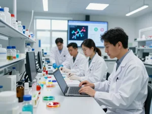 Innovative scientists collaborating on sustainable biodegradable materials at www.bluepha.bio in a modern lab environment