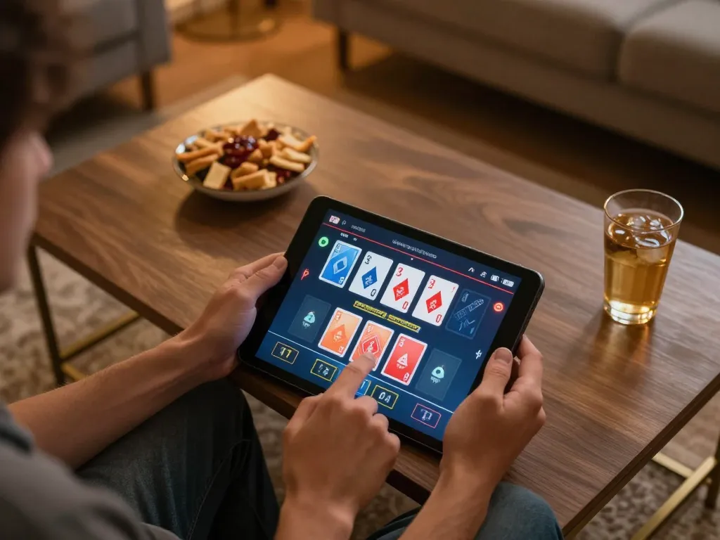 Player enjoys a live dealer game on tablet in a cozy setting while exploring rik vip gaming options
