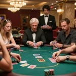 LLwin players engaged in high-stakes poker match with dealer action and vibrant casino atmosphere.