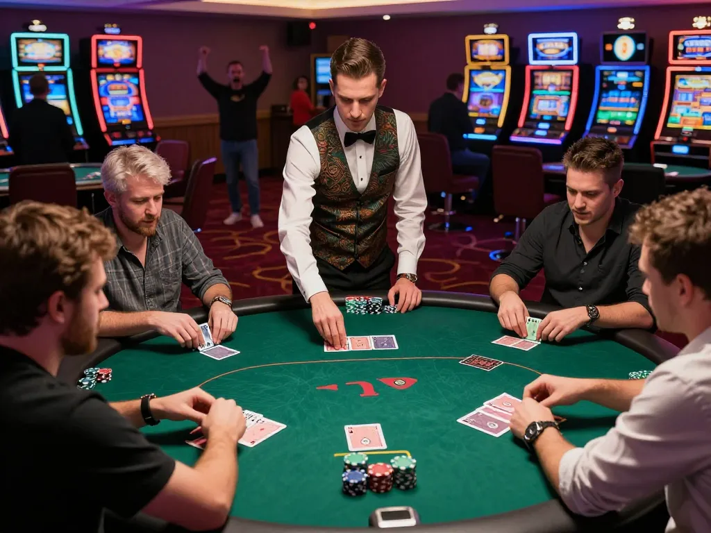 rokok88 poker action with players engaged at a vibrant casino table, showcasing excitement and strategy.
