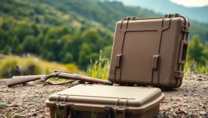 Showcasing a pelican gun case for sale in a rugged outdoor setting, ideal for hunters.