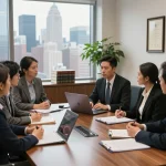 New York City personal injury lawyer consulting with clients, vibrant NYC skyline in background.