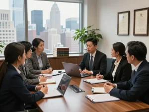 New York City personal injury lawyer consulting with clients, vibrant NYC skyline in background.