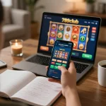Player engaging with the 789club mobile app while managing their bankroll responsibly in a cozy home setting.