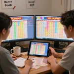 Keluaran HK live draw scene with an enthusiastic lottery player checking results on multiple screens in a cozy home office environment.