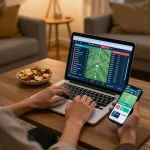 Person engaging in strategic betting on nhandinhkeonhacai with live sports odds visible on laptop screen.