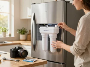 Installing the Waterspecialist DA29-00003G Refrigerator Water Filter in a modern kitchen.