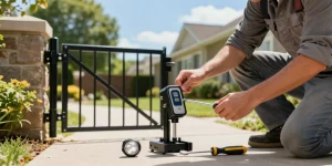 Mighty Mule gate opener troubleshooting with a user examining a control panel in a sunny backyard setting.