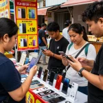 Mobile Phone deals showcased in vibrant marketplace with shoppers engaging.