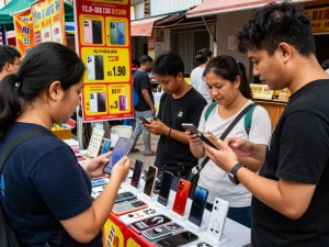 Mobile Phone deals showcased in vibrant marketplace with shoppers engaging.