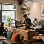 Inviting coffee shop decoration with barista brewing espresso, natural light, and cozy seating.