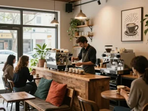 Inviting coffee shop decoration with barista brewing espresso, natural light, and cozy seating.