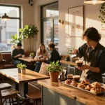 ตกแต่งร้านกาแฟ with inviting interior showcasing barista crafting coffee and cozy seating.
