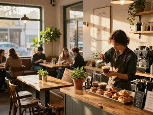 ตกแต่งร้านกาแฟ with inviting interior showcasing barista crafting coffee and cozy seating.