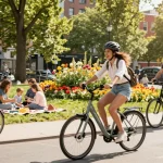 Couple enjoying a ride on the Doppio Fiets 2x e-bike in a sunny urban park.