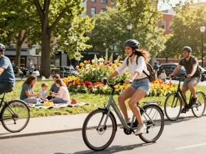 Couple enjoying a ride on the Doppio Fiets 2x e-bike in a sunny urban park.
