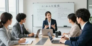 現代的なオフィス環境で中小企業のオーナーにとっての みん社保 の利点について話し合うビジネスコンサルタントたち。