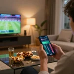 Person engaged in live sports betting with Bongdalu on smartphone amid a warm, inviting home setting.
