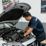 Mechanic demonstrating best auto repair services in a well-equipped workshop with tools and car parts.