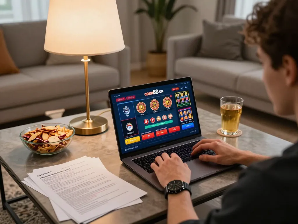Engaged player using open88 com for online gaming in a cozy living room setting.