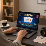 Engaged player explores exciting MAX79 live dealer blackjack in a cozy home office.