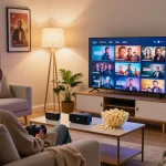 Binge Guide setup with cozy living room, popcorn, TV, and streaming devices.