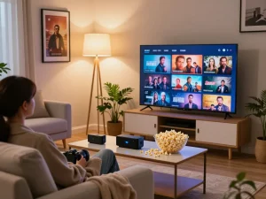 Binge Guide setup with cozy living room, popcorn, TV, and streaming devices.